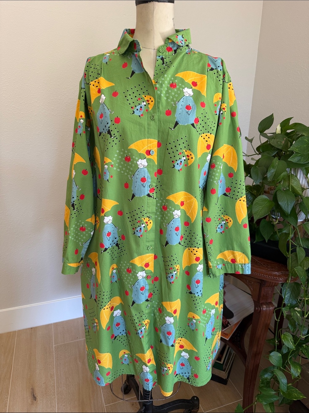 Rare niko and... Japanese Novelty Print Cotton Oversized Shirt Dress Green